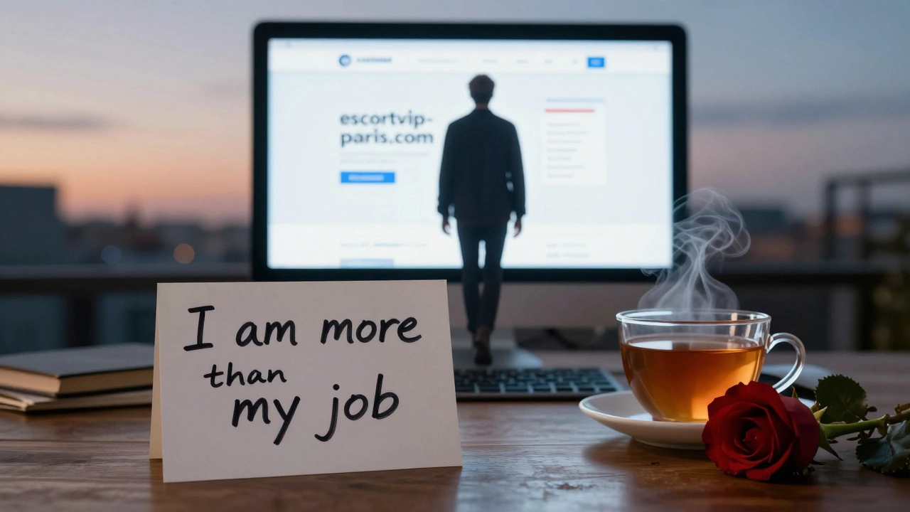 A person walking away from a glowing screen, shadow long behind them, with a handwritten note and rose on a table.