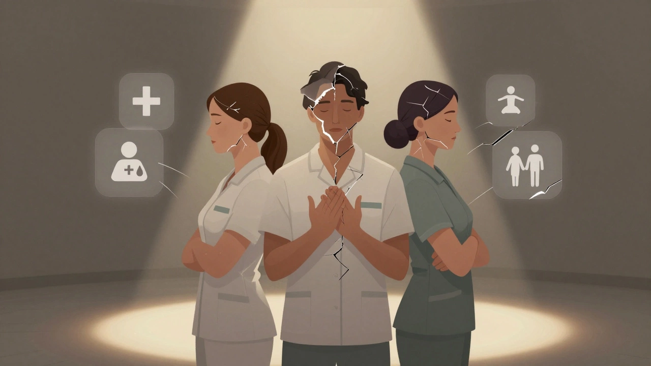 Three anonymous professionals with fading stereotypes around them, lit by golden light as their true faces emerge.